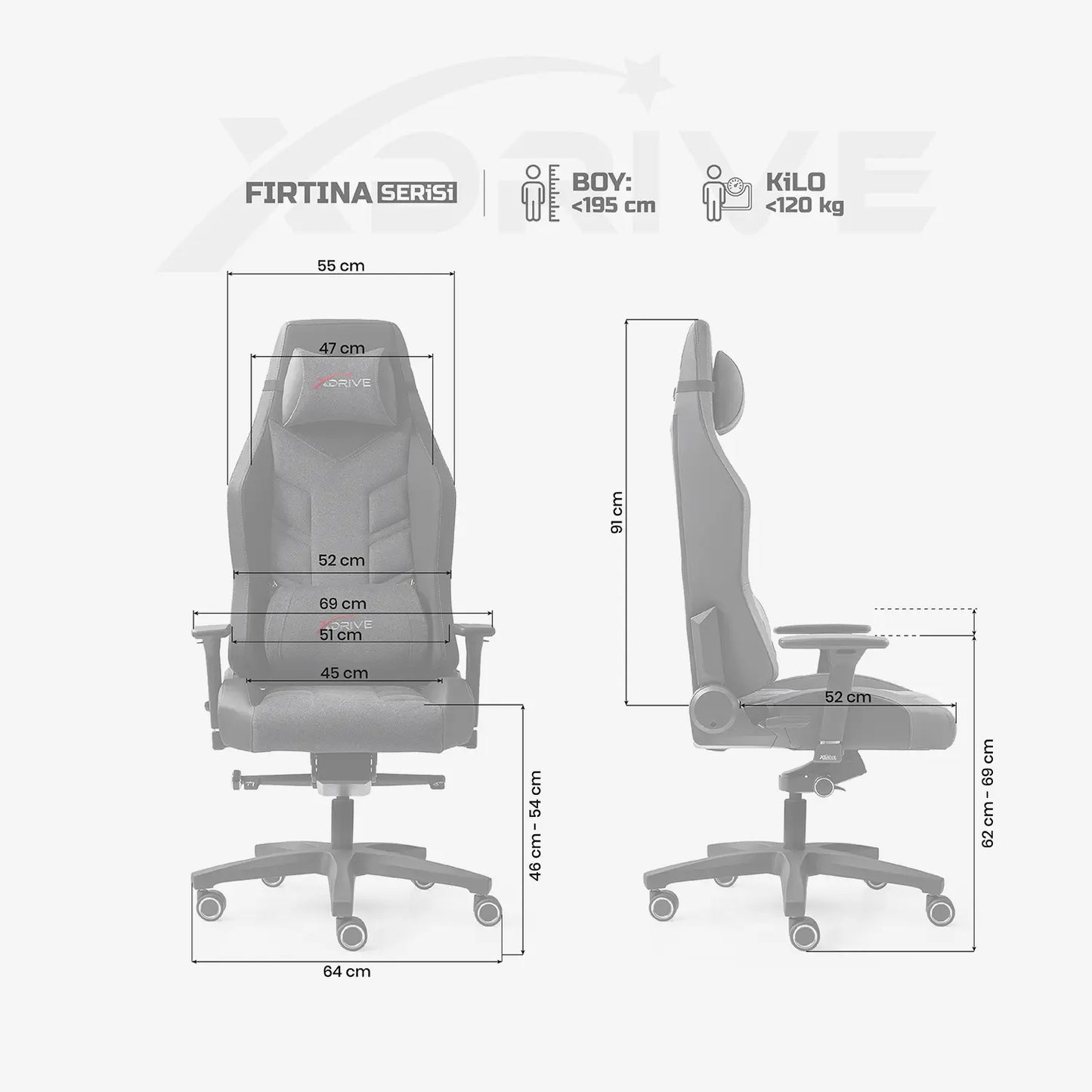 Fotel gamingowy xDrive Fırtına Professional w kolorze szarym/czarnym
